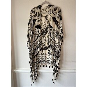 Natural Life Boho Black Cream Tassel Kimono Cardigan Cover Up One Size Tropical